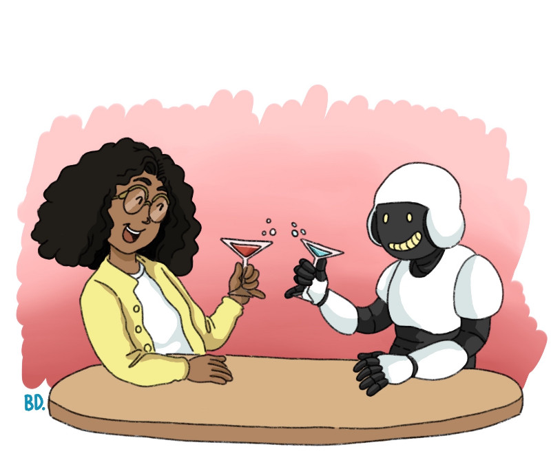 一幅漫画描绘了一个女人和一个机器人在桌子边笑着用鸡尾酒杯敬酒。