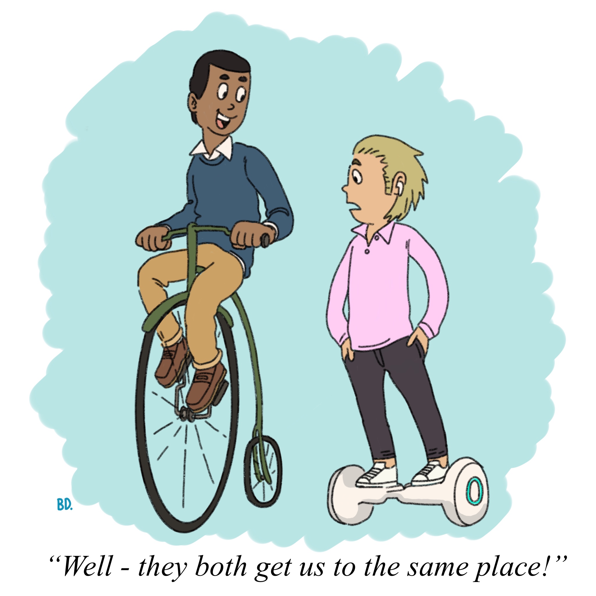 一个骑着廉价自行车的男人俯视着一个骑着赛格威的女人。下面的文字说明是:
