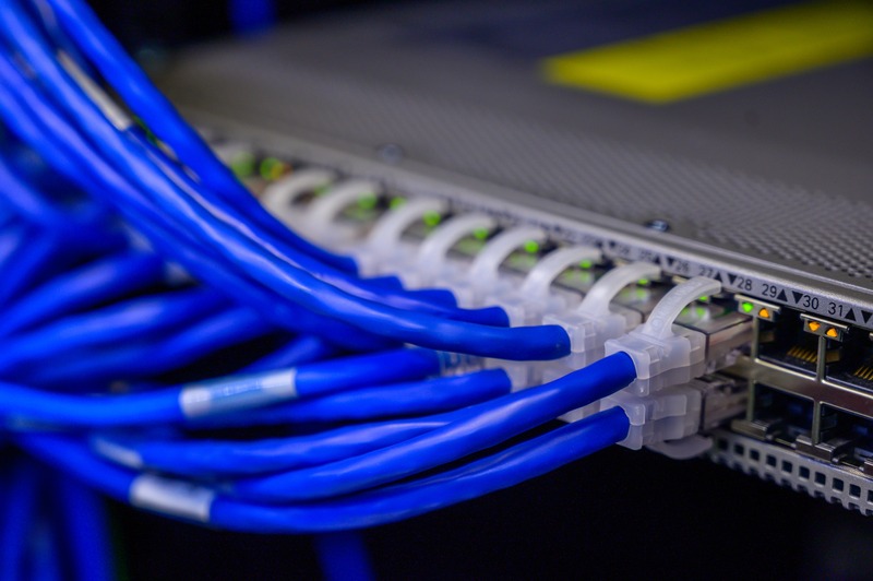 蓝色的network cables plugged into a server.